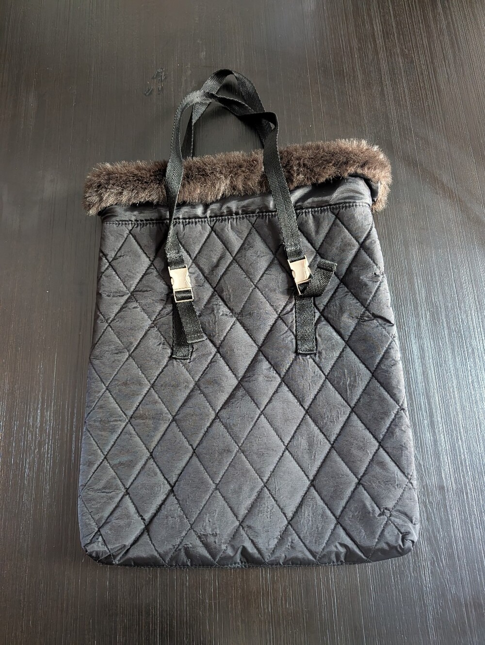 Bath & Body Works Black Quilted Tote with Brown Faux Fur Trim